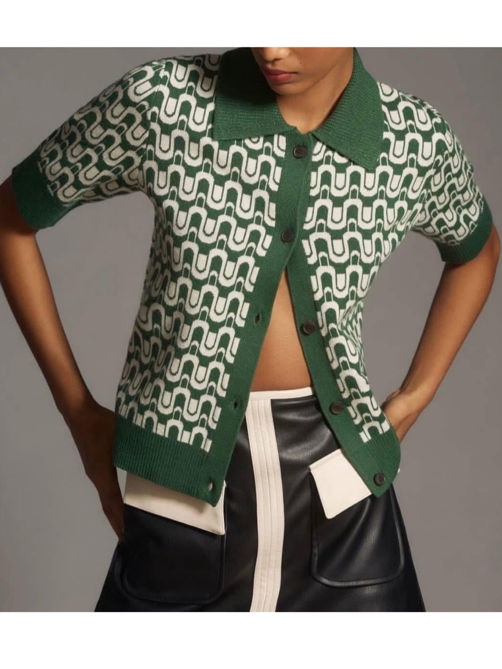 Maeve Green and Cream Geometric Short-Sleeve Knit Cardigan